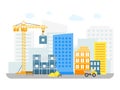 Cartoon Constructions Building on Background of City District. Vector Royalty Free Stock Photo