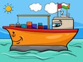 Cartoon container ship character on the sea Royalty Free Stock Photo