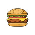 Cartoon with contour of hamburger with cheese, tomato and salad