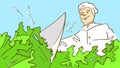 Cartoon cook in chef hat cuts a fresh salad lettuce with a knife, bottom view