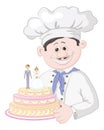 Cartoon cook with holiday wedding cake