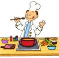 Cartoon of a cook in the kitchen Royalty Free Stock Photo