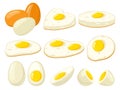 Cartoon cooked eggs. Fried, hard, soft boiled, sliced eggs with yolk, protein breakfast ingredient. Organic farm product