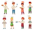 Cartoon cooking children. Little chef cooks food, kid cook and gourmet childrens kitchen chefs vector illustration set