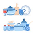 Cartoon cookware. Kitchen crockery, cooking tools vector isolated set