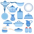Cartoon cookware. Kitchen crockery and glassware. Dishes, cup and teapot. Cooking tools vector isolated set