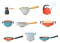 Cartoon cookware on stove, cooking food in frying pan or saucepan. Kettle with boiling water, pot with soup, pans on gas