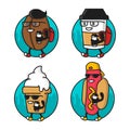 Cartoon cool Coffee bean, paper cup, Hotdog, Ice Cream character. Street food illustration stickers, batches set.