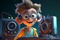 Cartoon Cool kid DJ with turntables and a boombox, AI Generative
