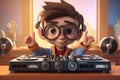 Cartoon Cool kid DJ with turntables and a boombox, AI Generative