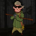 Cartoon cool man scout with a stick stands at night in the forest