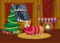 Cartoon Corgi dog enjoying the Christmas in the livingroom