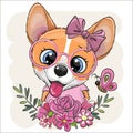 Cartoon Corgi with flowers and a bow