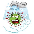 Cartoon corona virus, showing the importance of washing hands as prevention