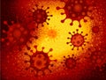 Cartoon corona viruses under microscope floating on luminous red background. Vector illustration.