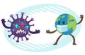 Cartoon Coronavirus Character versus Planet Earth Character. The Planet Earth is fighting against the coronavirus