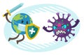 Cartoon Coronavirus Character versus Planet Earth Character. The Planet Earth is fighting against the coronavirus