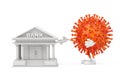 Cartoon Coronavirus COVID-19 Mascot Person Character Try to Destroy Bank Building as Symbol of World Financial System. 3d
