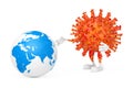 Cartoon Coronavirus COVID-19 Mascot Person Character Try to Infect Earth Planet. 3d Rendering