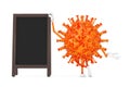 Cartoon Coronavirus COVID-19 Virus Mascot Person Character with Blank Wooden Menu Blackboards Outdoor Display. 3d Rendering