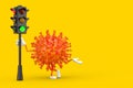 Cartoon Coronavirus COVID-19 Virus Mascot Person Character with Traffic Green Light. 3d Rendering