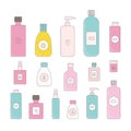 Cartoon cosmetic bottles, jars. Body hair skin care organic pruduct tubes, eco cleanser, soap for face, oil scrub, cream