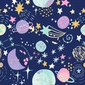 Cartoon cosmic background: cute planets, moon, shooting stars, galaxy, milky way