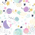 Cartoon cosmic background: cute planets, moon, shooting stars, galaxy, milky way