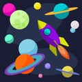 Cartoon cosmic illustration with rocket and funny bright planets in open space for use in design