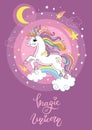 Cartoon cosmic unicorn with stars vector poster puple