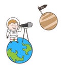 Cartoon Cosmonaut Watching Mars Planet Through Telescope Vector Illustration