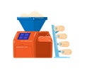 Cartoon cotton candy machine producing spun sugar treats. Red fairground cotton candy maker with blue hopper. Amusement