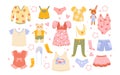 Cartoon cotton kids pants. Baby clothes hang on clothesline vector illustration set. socks, dress or shorts, cute infant