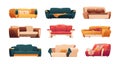 Cartoon couches and sofas. Modern comfortable armchair and sofa for home and office, cozy lounge furniture for living