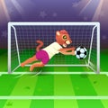 The cougar girl as a goalkeeper catching the soccer ball near gates on the field Royalty Free Stock Photo