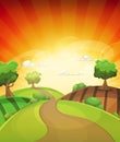 Cartoon Country Background In Spring Or Summer Sunset