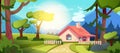 Cartoon country house in forest with green lawn, trees and mountains