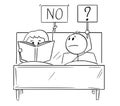 Cartoon of Couple in Bed, Man Wants Sexual Intercourse, Woman is Reading a Book and Rejecting