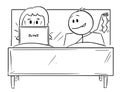 Cartoon of Couple in Bed, Man Wants Sexual Intercourse, Woman is Working on Computer and Rejecting