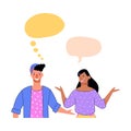 Cartoon couple communication template - woman speaking and man thinking