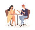 Cartoon couple enjoy romantic date drink coffee together vector flat illustration. Happy man and woman sitting at table Royalty Free Stock Photo