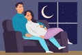 Cartoon couple. Family lying together on sofa. Young man and pregnant woman relaxing on couch. Cozy home. Starry sky and Royalty Free Stock Photo