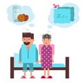 Cartoon couple before going to sleep in bed vector illustration. Wife in night cloths thinking of going to sleep
