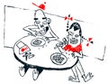 Cartoon couple having lunch or dinner. Illustration outlined in comic style. Hand drawn sketch