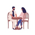 Cartoon couple having romantic date at street cafe vector flat illustration. Colorful man and woman sitting at table in Royalty Free Stock Photo