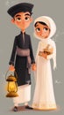 Cartoon couple islamic dresser and a lantern. Arab boy and girl Celebrating Ramadan Royalty Free Stock Photo