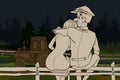 Cartoon couple man and woman hugging sitting next to a tractor