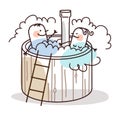 Cartoon Couple relaxing in an outdoor Jacuzzi