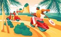 Cartoon Couple Ride Motorcycle on Ocean Shore