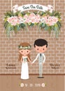 Cartoon couple rustic blossom flowers save the date wedding invitation card